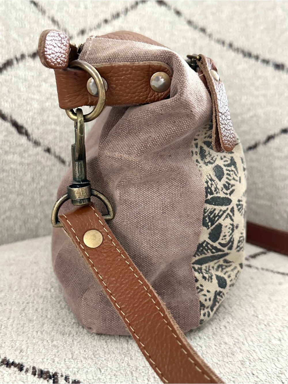 Myra Bag Leather and Canvas Boho Crossbody Shoulder Bag Mandala Print - Picture 3 of 8